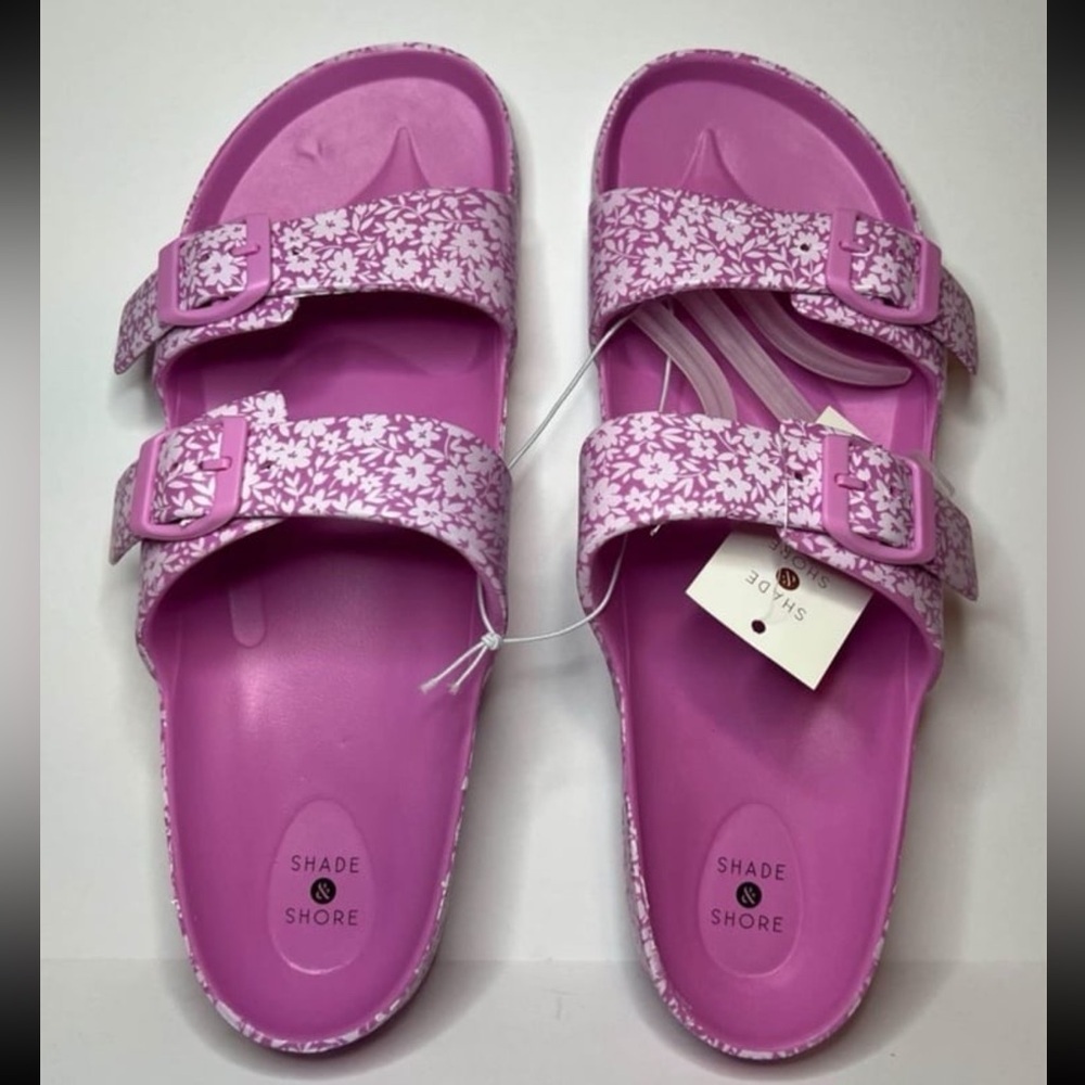 Women's Comfort Slides Double Buckle Adjustable Flat Sandals Floral Size 12 New